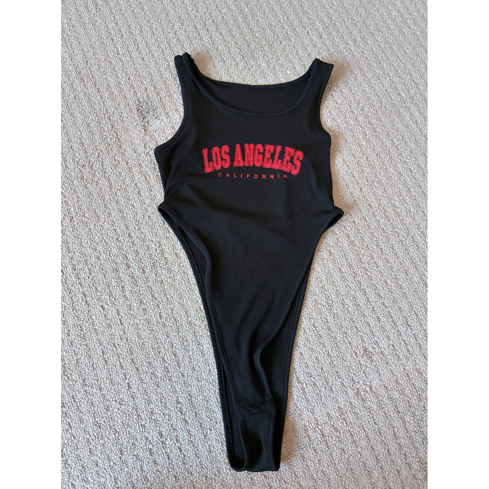 SHEIN Los Angeles California Ribbed High Cut Bodysuit Black Red Small